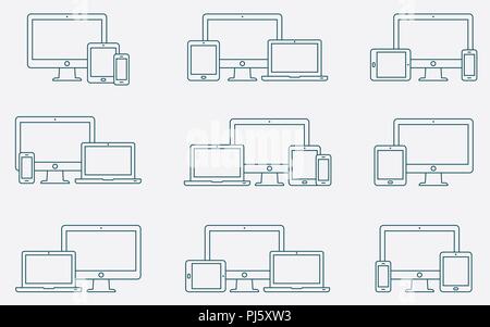 Vector set of outline device icons. Responsive digital devices icons. Stock Vector