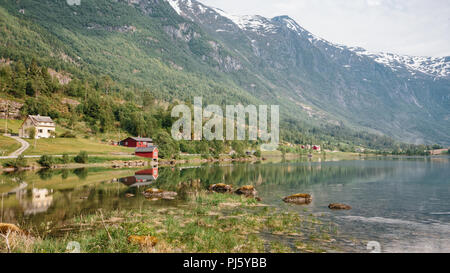 Reflections of mountains in Stryn, Norway Stock Photo