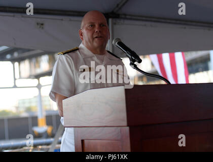 180830-N-JG119-2191 LOS ANGELES (Aug. 30, 2018) - Vice Adm. John Alexander, Commander, United States THIRD Fleet, makes his opening remarks during the Los Angeles Fleet Week (LAFW) annual Admiral’s Reception hosted this year on board the Arleigh Burke-class guided missile destroyer USS Dewey (DDG105). LAFW is an opportunity for the American public to meet their Navy, Marine Corps and Coast Guard teams and experience America's sea services. During Fleet Week, service members participate in various community service events, showcase capabilities and equipment to the community, and enjoy the hosp Stock Photo