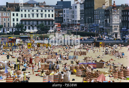 Crowded Margate beach, Thanet, Kent, England, UK. Circa 1980's Stock Photo