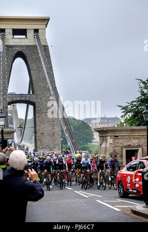 Bristol, UK. 4th September 2018. The OVO energy Tour of Britain Race stage 3 takes place in Bristol. Competitors race across the historic Clifton Suspension Bridge at the start of the race which took them on a 129km tour of North somerset. ©JMF News / alamy live news Stock Photo