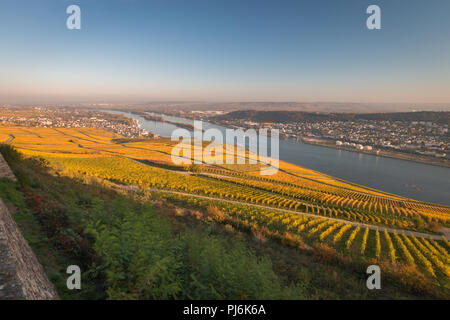 Panoramic view from Niederwalddenkmal to Rheingau, city of Bingen, and to Rheinhessen Stock Photo