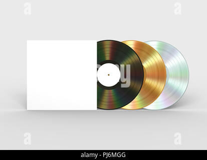 Black, Gold And Platinum Vinyl Records And White Paper Case. 3D Illustration. Stock Photo