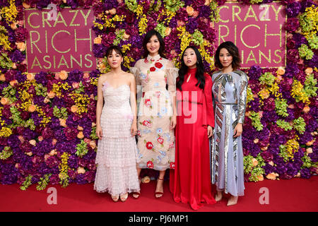 (From left to right) Constance Wu, Gemma Chan, Awkwafina and Jing Lusi attending the Crazy Rich Asians Premiere held at Ham Yard Hotel, London. Stock Photo