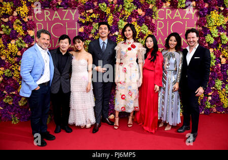 (From left to right) Josh Berger, Ken Jeong, Constance Wu, Henry Golding, Gemma Chan, Awkwafina, Jing Lusi and Producer John Penotti attending the Crazy Rich Asians Premiere held at Ham Yard Hotel, London. Stock Photo