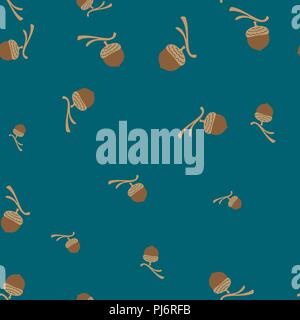 Acorn branch seamless pattern. Vector illustration. Blue background. Stock Vector