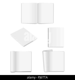 Vector realistic empty paper closed and opened A5 magazine, book, catalog or brochure with rolled white paper pages, turned sheets icon set closeup on white background. Design template, mockup for graphics. Front, top and isometric view Stock Vector