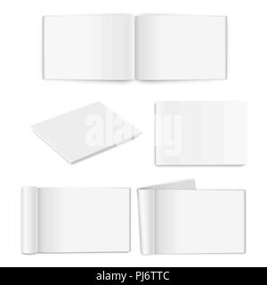 Vector realistic empty paper closed and opened A4 horizontal magazine, book, catalog or brochure with rolled white paper pages, turned sheets icon set closeup on white background. Design template, mockup for graphics. Front, top and isometric view Stock Vector