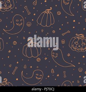 Vector Halloween seamless pattern with pumpkins, ghosts with scary faces, bones, skulls and candy corn orange outline in sketch style. Hand drawn autu Stock Vector