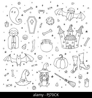 Vector Halloween set with pumpkins, ghosts, vampire, witch, hat, broom, cauldron, house, bats, bones, skulls and candy corn outline in sketch style. H Stock Vector