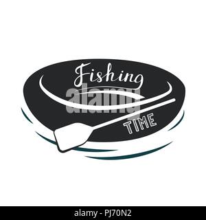 Rubber rowing boat with paddle. Black and white icon. Vector illustration. Fishing time. Stock Vector