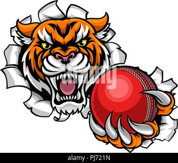 Tiger Holding Cricket Ball Breaking Background Stock Vector