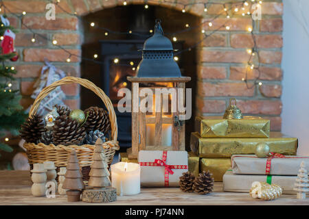 Christmas composition lantern presents and decorations on the table Christmas composition lantern presents and decorations on the table