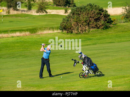 Senior man with golf cart swinging golf club to hit golf ball on golf course in sunshine, Edinburgh, Scotland, UK Stock Photo