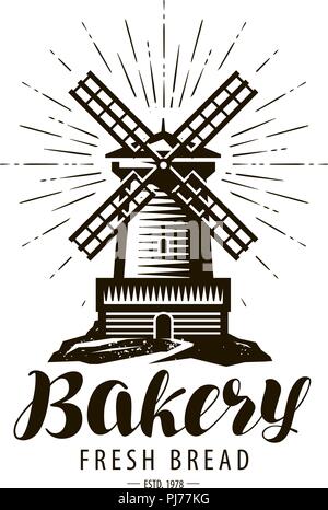 Bakery, bakehouse logo or label. Windmill, mill symbol, vector Stock Vector