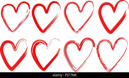 Love symbol with dry brush painting. set of hearts with a brush, drawing by hand. Vector grunge style icons. Stock Vector