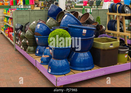 Display of blue ceramic plant pots on sale at garden centre UK Stock Photo