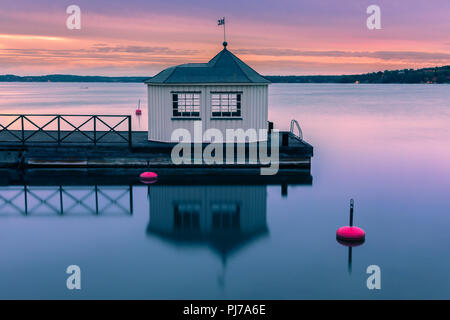 Sunrise at the bath house in Saltsjöbaden in the province of Nacka on the east coast of Sweden. Stock Photo