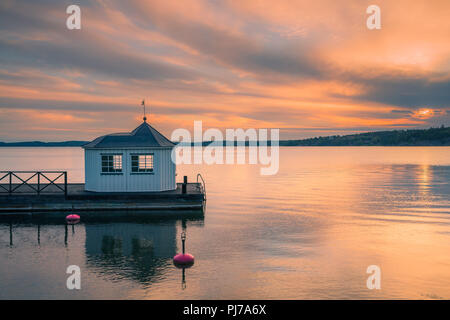 Sunrise at the bath house in Saltsjöbaden in the province of Nacka on the east coast of Sweden. Stock Photo