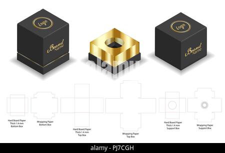 hard board paper rigid box 3d mockup with dieline Stock Vector