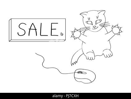 The cat hunts for a computer mouse to get on sales. Humor Stock Vector