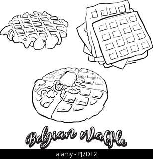 Hand drawn sketch of Belgian waffle bread. Vector drawing of Waffle food, usually known in Belgium. Bread illustration series. Stock Vector