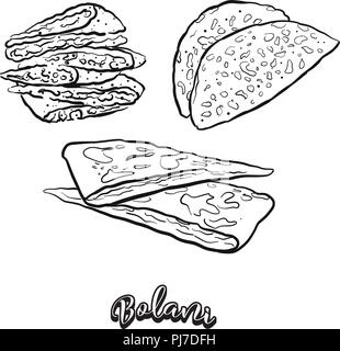 Hand drawn sketch of Bolani bread. Vector drawing of Flatbread food, usually known in Afghanistan. Bread illustration series. Stock Vector