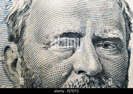 Close up view Portrait of Ulysses S. Grant on the one fifty dollar bill. Background of the money. 50 dollar bill with Ulysses S. Grant eyes macro shot Stock Photo