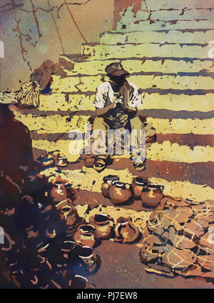 Watercolor painting of ceramic pot vendor sitting on steps at the tourist market of Chichicastenango- Guatemala Stock Photo
