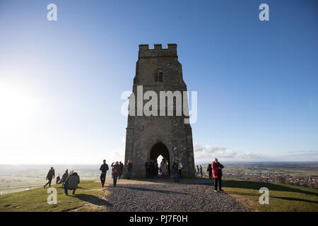 St Michael's Tower on Glastonbury Tor and town, Somerset England. Stock Photo