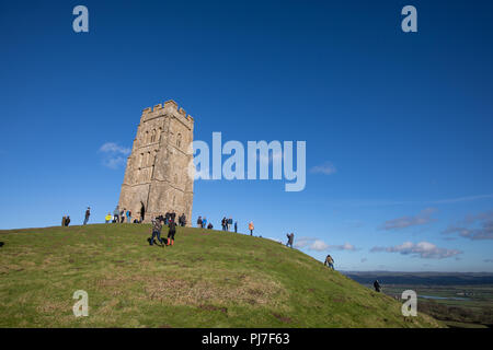 St Michael's Tower on Glastonbury Tor and town, Somerset England. Stock Photo