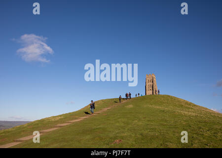 St Michael's Tower on Glastonbury Tor and town, Somerset England. Stock Photo