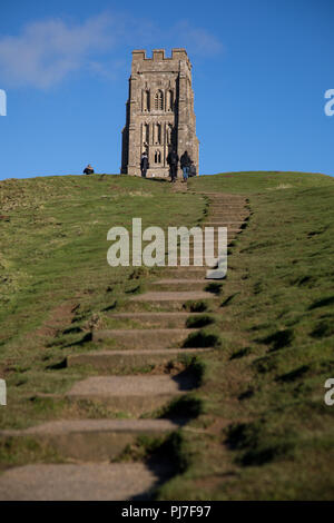 St Michael's Tower on Glastonbury Tor and town, Somerset England. Stock Photo