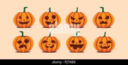 Halloween pumpkins in vector with set of different faces for icons and decorations in bright orange background. Vector illustration. Stock Vector