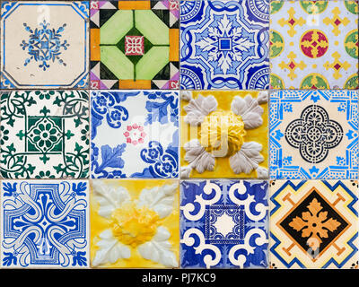 Mixed colage of the traditional portuguese azulejo tiles on the buildings in Porto, Portugal. Colorful background texture. Stock Photo