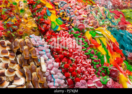 Assorted gummy candies in the shop. Jelly sweets in different shapes and colors Stock Photo