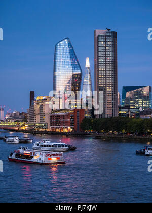 London Southbank Skyline - South Bank skyline including the Oxo Tower, the South Bank Tower, One Blackfriars aka the Vase or Boomerang, and the Shard Stock Photo