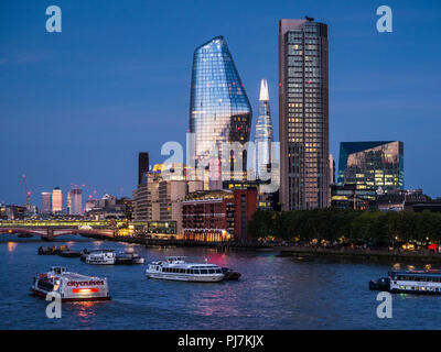 London Southbank Skyline - South Bank skyline including the Oxo Tower, the South Bank Tower, One Blackfriars aka the Vase or Boomerang, and the Shard Stock Photo
