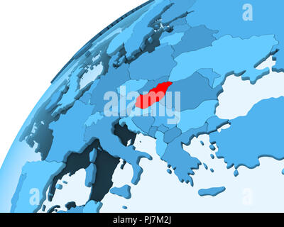 Hungary in red on blue model of political globe with transparent oceans. 3D illustration. Stock Photo