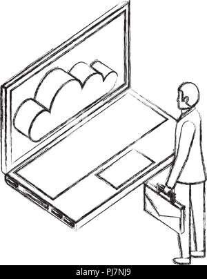 businessman with briefcase looking laptop cloud computing vector illustration hand drawing Stock Vector