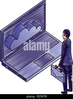 businessman with briefcase looking laptop cloud computing vector illustration Stock Vector