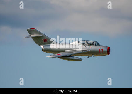 Norwegian Historical Squadron MiG-15 fighter/ trainer aircraft being displayed at the Dunsfold Wings & Wheels Airshow,UK on the 25th August 2018. Stock Photo