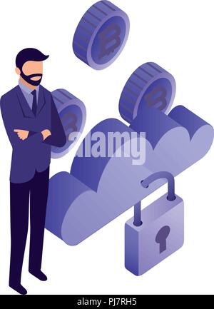 businessman cloud computing storage security coins vector illustration Stock Vector