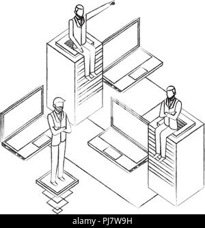 businessmen with laptops computers and data server vector illustration design Stock Vector