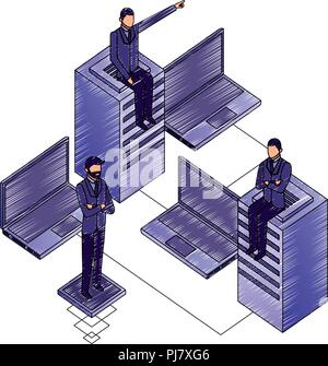 businessmen with laptops computers and data server vector illustration design Stock Vector