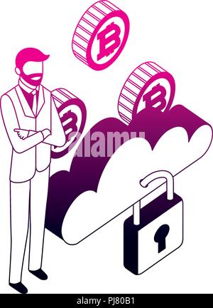 businessman cloud computing storage security coins vector illustration neon design Stock Vector