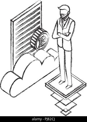 businessman with cloud computing bitcoin document vector illustration hand drawing Stock Vector