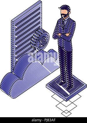 businessman with cloud computing bitcoin document vector illustration Stock Vector
