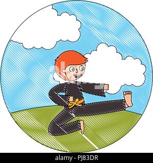 little boy practicing karate in the outdoors vector illustration Stock Vector