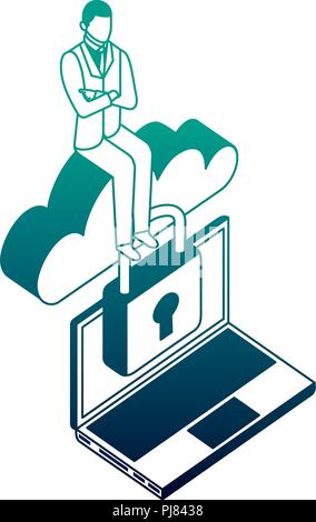 businessman with cloud computing and set icons isometric icon vector illustration design Stock Vector
